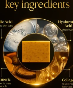 Alisanda™ soap : Rich in Vitamin C, retinol, collagen, and turmeric—a Japanese-made complex formula, fortified with hyaluronic acid and Vitamin E.